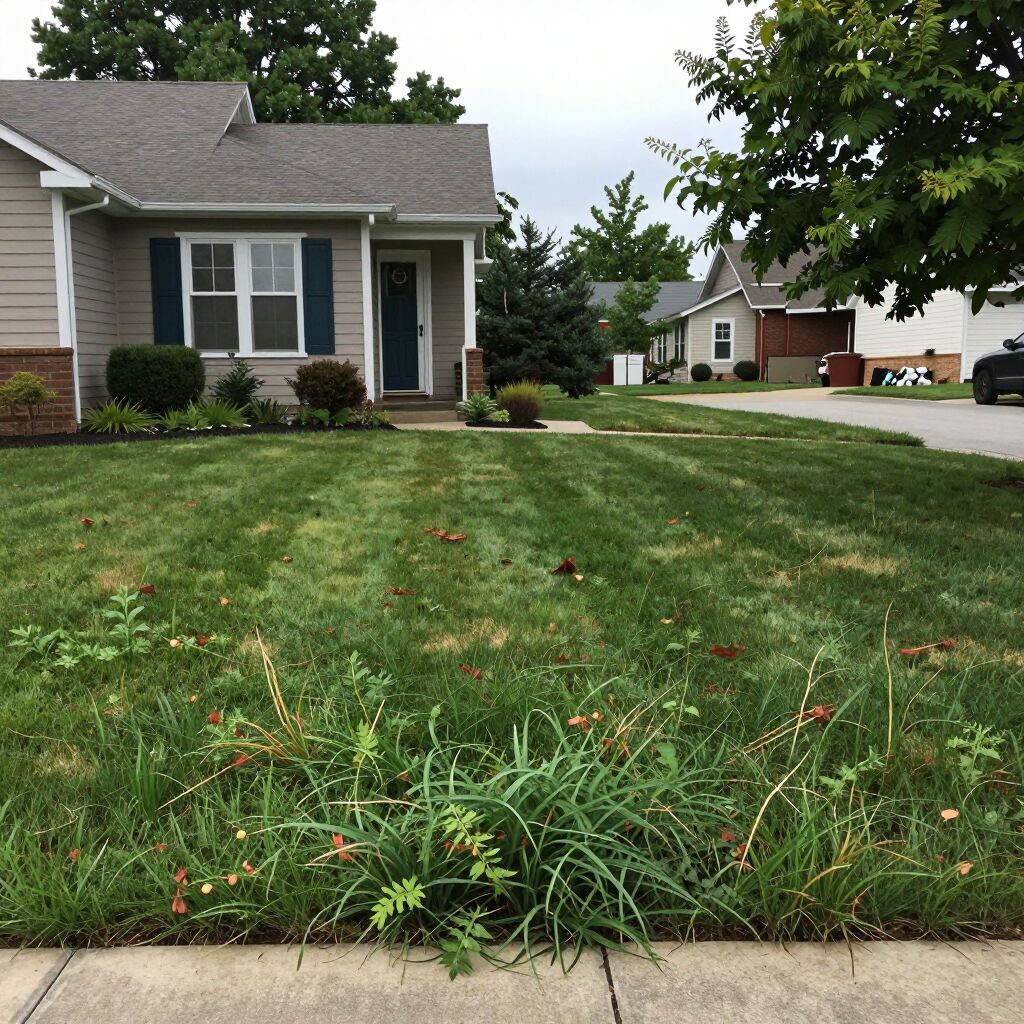 A residential street with neglected front yard maintenance
